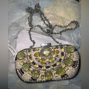 NWT Aldo Glam Silver and Yellow Jewel Clutch